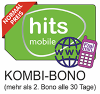 HITSMOBILE Normalpreis Kombi-Bono (mehr als 2 Bono alle 30 Tage) Telefonminuten national & EU + Internet